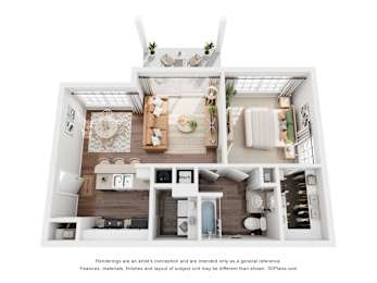 A 3D floor plan of a house with a kitchen, living room, and bathroom.