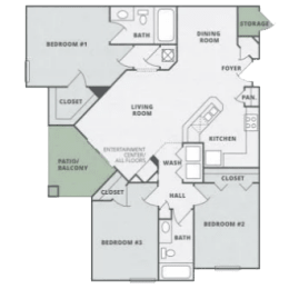 a floor plan of a 3 bedroom apartment in Charlotte at Thornberry Apartments, Charlotte, NC