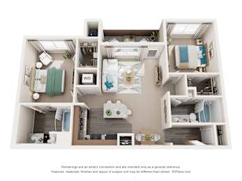 A 3D floor plan of a small apartment with a kitchen, living room, and bathroom.