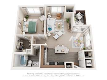 A 3D floor plan of a small apartment with a kitchen, living room, and bedroom.