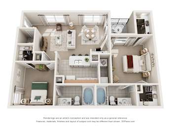 A 3D floor plan of a 2 bedroom apartment with a kitchen, living room, and bathroom.
