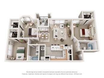 A 3D floor plan of a 3 bedroom apartment with a kitchen, living room, and bathrooms.