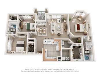 A 3D floor plan of a 3 bedroom apartment with a kitchen, living room, and bathrooms.
