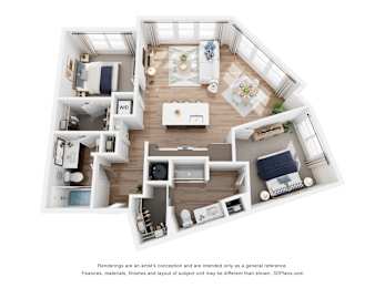 A 3D floor plan with a kitchen, living room, and two bedrooms.