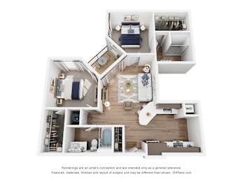 A 3D floor plan of an apartment with a kitchen, living room, and two bedrooms.