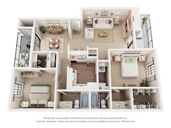 A 3D floor plan of a house with a kitchen, living room, dining room, and bathrooms.