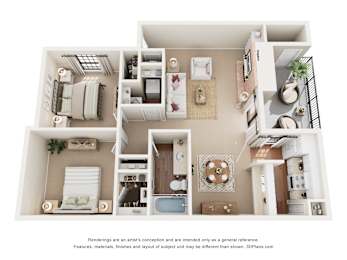 A 3D floor plan of a house with multiple rooms.