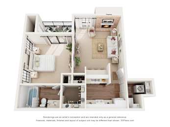 A 3D floor plan of a house with a kitchen, living room, and bathroom.