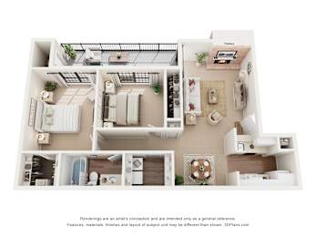 A 3D floor plan of a house with a kitchen, living room, and bathroom.