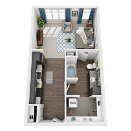 a 3d rendering of a bedroom with a bathroom and a living roomat SoRoc On Maine, Rochester, MN 55904