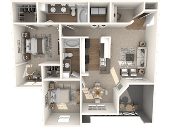 a 3d rendering of a floor plan with a bedroom and a living room