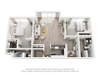 A 3D floor plan of a house with a kitchen, living room, and two bedrooms.