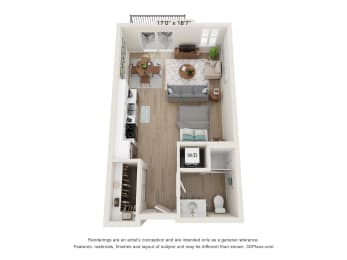 a stylized floor plan of a 1 bedroom apartmentat SoRoc On Maine, Rochester, MN