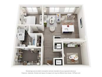 A 3D floor plan of a 1-bedroom apartment home with a kitchen, living room, den, and bathroom.