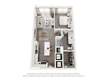 A 3D floor plan of a 1-bedroom apartment with a kitchen, living room, and bathroom.