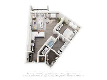 A 3D floor plan of a 1-bedroom apartment home with a kitchen, living room, and bathroom.
