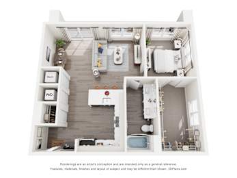 A 3D floor plan of a 1-bedroom apartment home with a kitchen, living room, and bathroom.