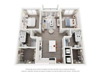 A 3D floor plan of a 2-bedroom apartment home with a kitchen and living room.