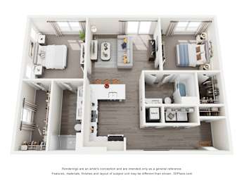 A 3D floor plan of a 2-bedroom apartment home with a kitchen, living room, and bathroom.