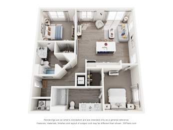 A 3D floor plan of a 2-bedroom apartment home with a kitchen, living room, and bathroom.