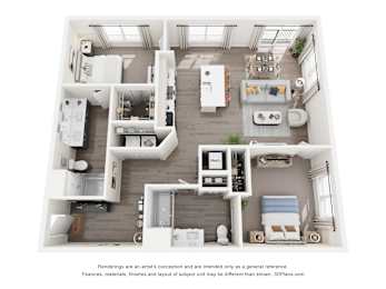A 3D floor plan of a 2-bedroom apartment home with a kitchen and living room