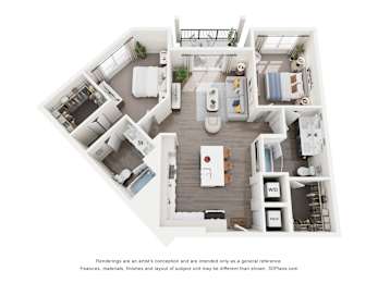 A 3D floor plan of a 2-bedroom apartment home with a kitchen and living room