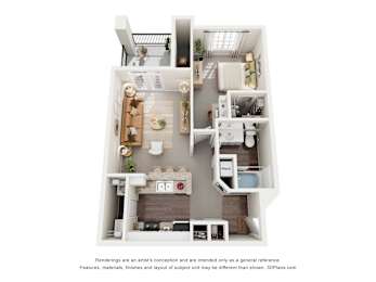 A 3D floor plan of a 1-bedroom apartment with a kitchen, living room, and bathroom.