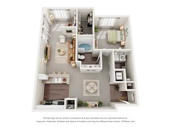 A 3D floor plan of a 1-bedroom with a kitchen, living room, and bathroom.