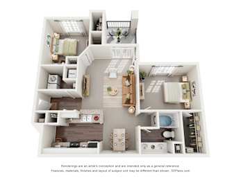 A 3D floor plan of a 2-bedroom with a kitchen, living room, and bathroom