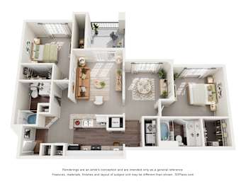 A 3D floor plan of a 2-bedroom with a kitchen, living room and bathroom.