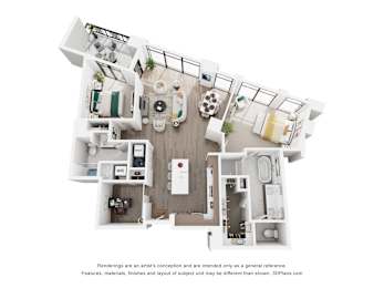 A 3D floor plan of a 2 bedroom apartment with a kitchen, living room, and 2 bathrooms