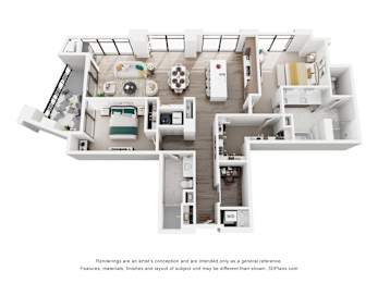 A 3D floor plan of a 2 bedroom apartment with a kitchen, living room, dining room, and two bathrooms