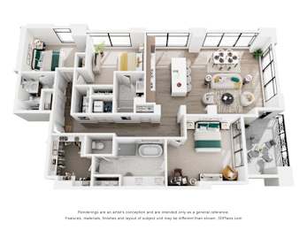 A 3D floor plan of a 3 bedroom apartment with a kitchen, living room, and 3 bathrooms