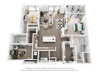 A 3D floor plan of a 2 bedroom apartment with a kitchen, living room, and 2 bathrooms