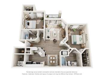 A 3D floor plan of an apartment with a kitchen, living room, and two bedrooms.