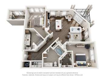 A 3D floor plan of a 2 bedroom apartment with a kitchen, living room, and two bedrooms.