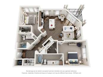 A 3D floor plan of a 2 bedroom apartment home with a kitchen, living room, and bathrooms.