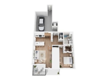 Apartment A floor plan showing a one bedroom, one bathroom apartment with an attached garage