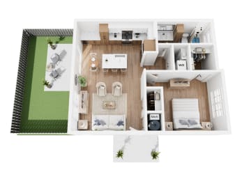 Cottage A floor plan showing one bedroom with a living room and bathroom