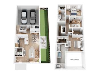 A floor plan of an apartment with two bedrooms, a living room, a kitchen, and a bathroom.