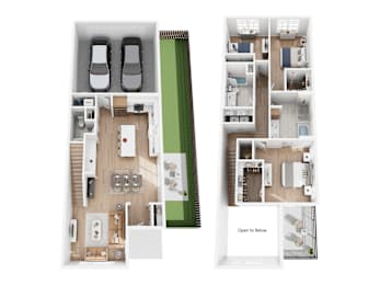 A floor plan of a house with a kitchen, living room, and two bedrooms.