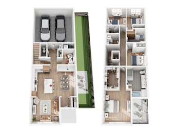 A floor plan of a two-story apartment with a garage on the first floor and a living area on the second floor.