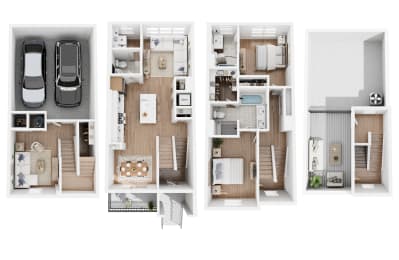 Townhome B floor plan showing a 3-story townhouse with 2 bedrooms, 2.5 bathrooms and roof deck