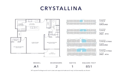 A floor plan for a model A1 Crystallina with 2 bedrooms and 1 bath.