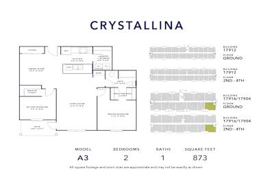 A floor plan for a property called Crystallina, with a total of 873 square feet, including 2 bedrooms and 1 bathroom.
