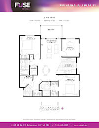 A diagram of a 3 Bed, 2 Bath suite in a building.