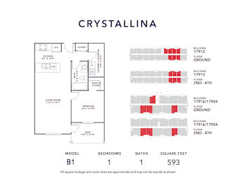 A diagram of a model B1 apartment layout with approximate square footage of 593.
