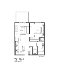 A floor plan of a one bedroom apartment sized 578 square feet.