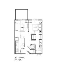 A drawing of a floor plan for a one bedroom apartment.