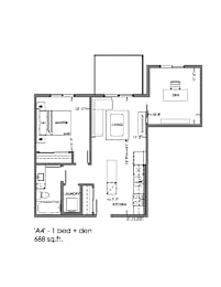 A floor plan of an apartment sized 688 sq.ft.